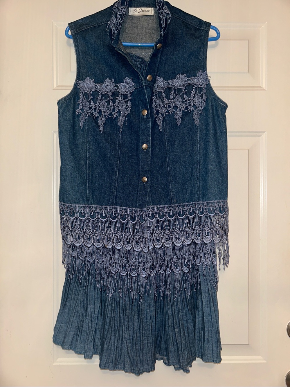 St Joanne Vintage Embroidered Denim Vest /Skirt Set S Fringe Lace
